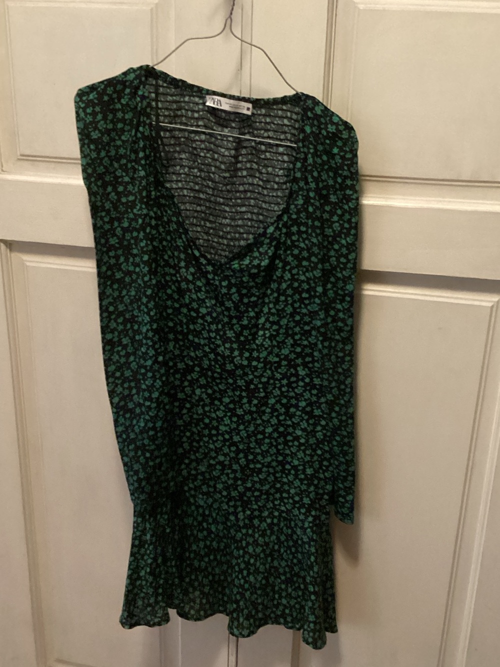 Zara Black Dress with Emerald Green Floral Print — Long Sleeve